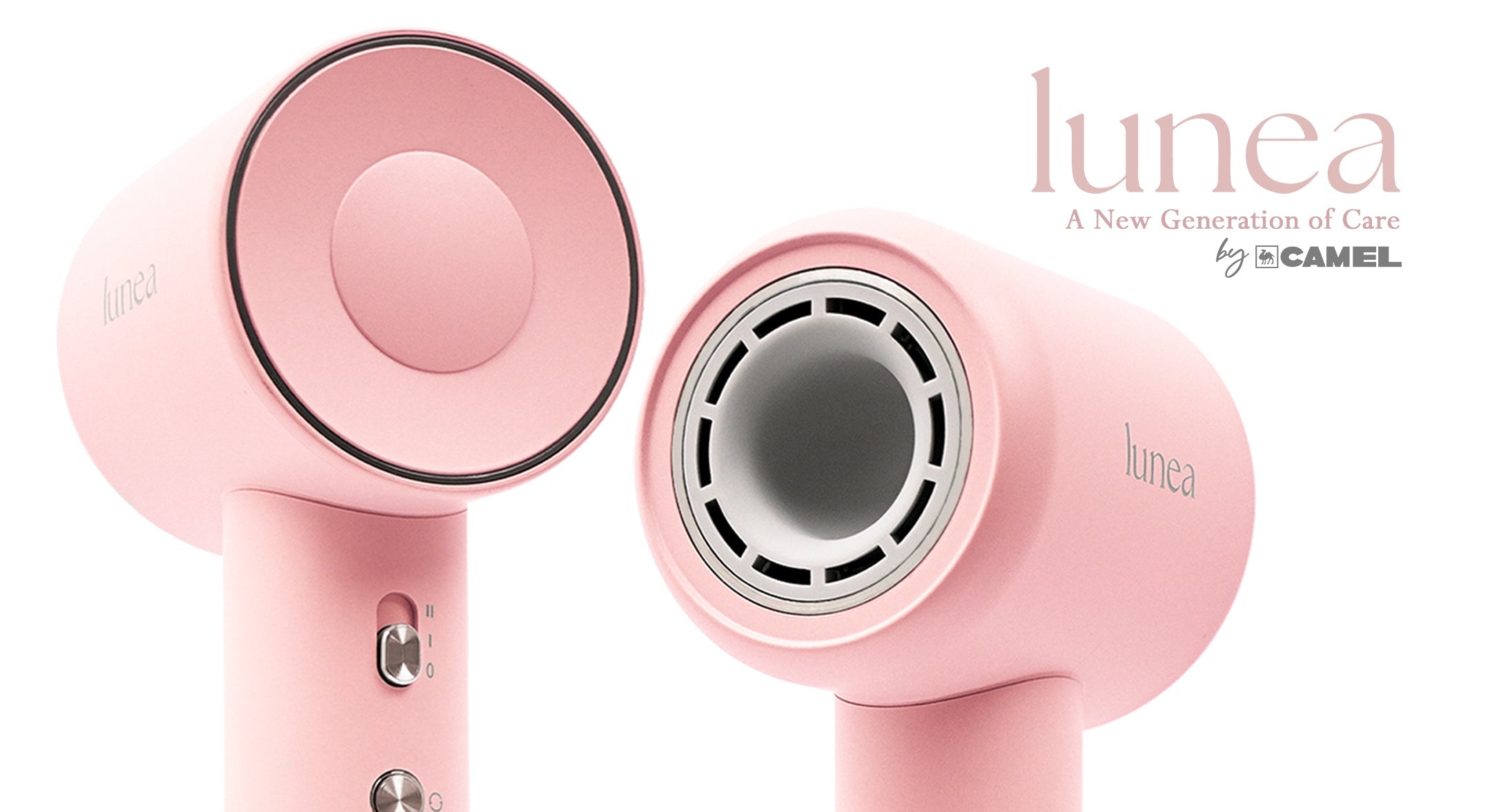 Two pink Luna hair dryer views on a white background, with the brand name 'luna' and smaller 'by CAMEL' text in the upper right.
